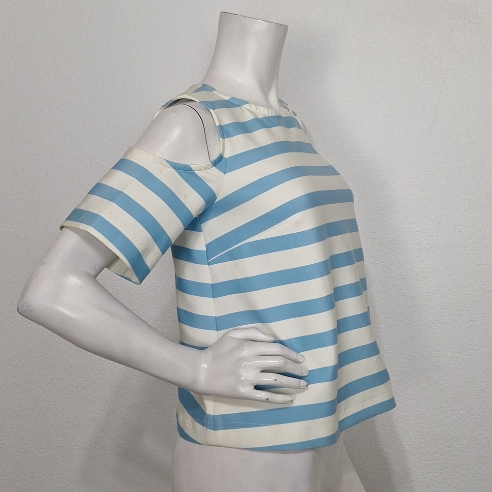 Tanya Taylor Preppy Blue & White Stripe Cold Shoulder Blouse Made in USA Size 6 - Picture 4 of 13